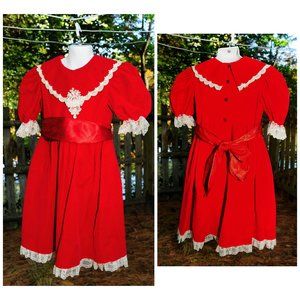 VTG 80's Girls Size 4 Red Velveteen & Lace Dress